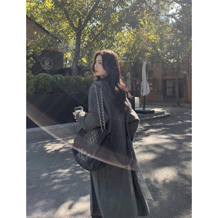 MUVLAN復古灰色連帽毛衣開衫 針織外套 女秋冬慵懶風寬松高級感長款