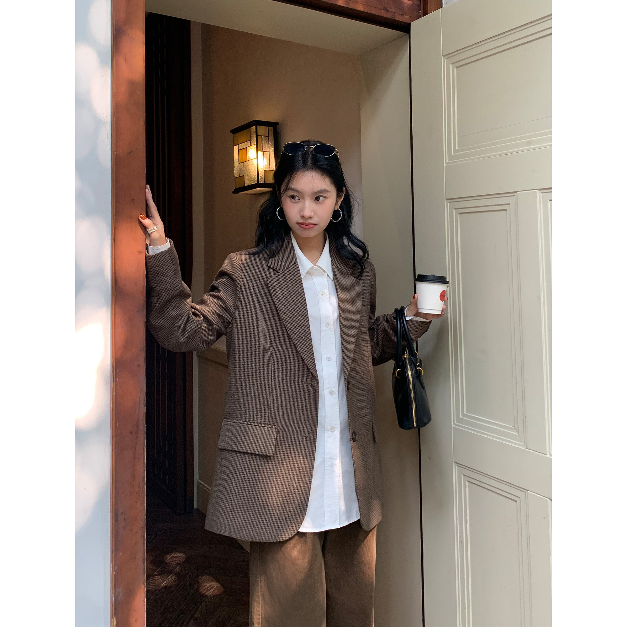 复古暗格纹西装毛呢西装外套