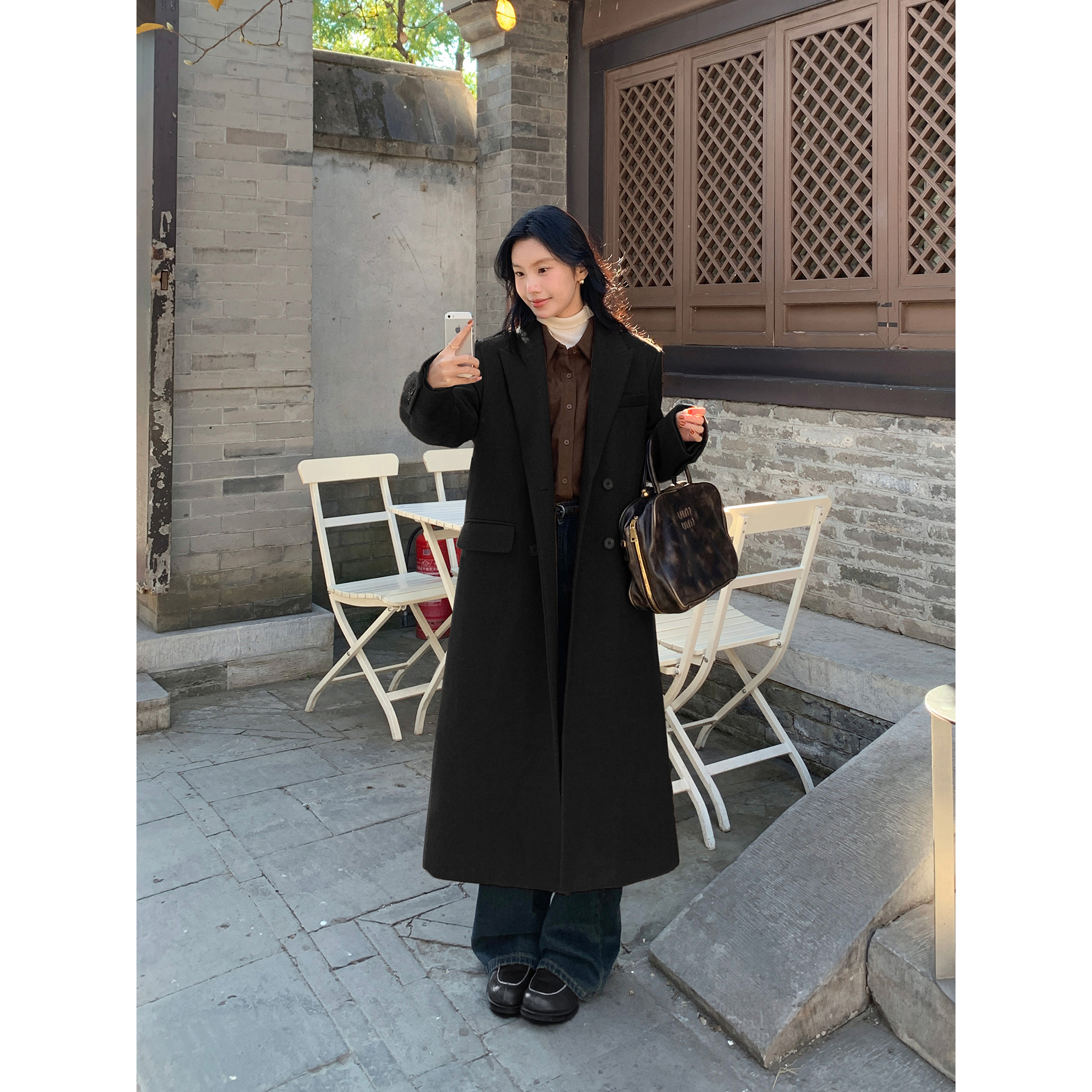 MULVAN 【现货6折】黑色宽松毛呢外套女冬季加厚夹棉长款呢子大衣