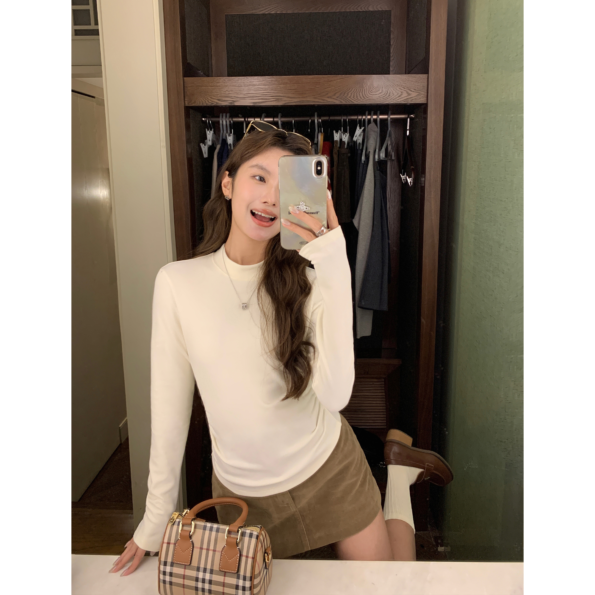 MULVAN 松弛vibe 半高领磨毛打底衫女修身褶皱气质长袖针织上衣