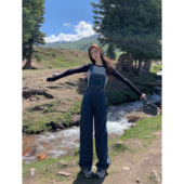 宽松直筒休闲连体长裤 MULVAN蓝色高腰牛仔裤 女百搭显瘦阔腿背带裤