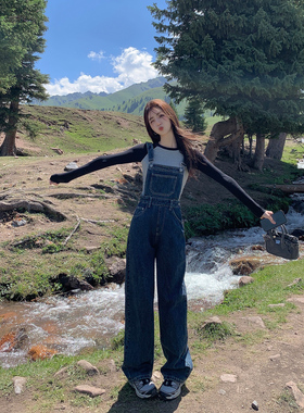 MULVAN蓝色高腰牛仔裤女百搭显瘦阔腿背带裤宽松直筒休闲连体长裤