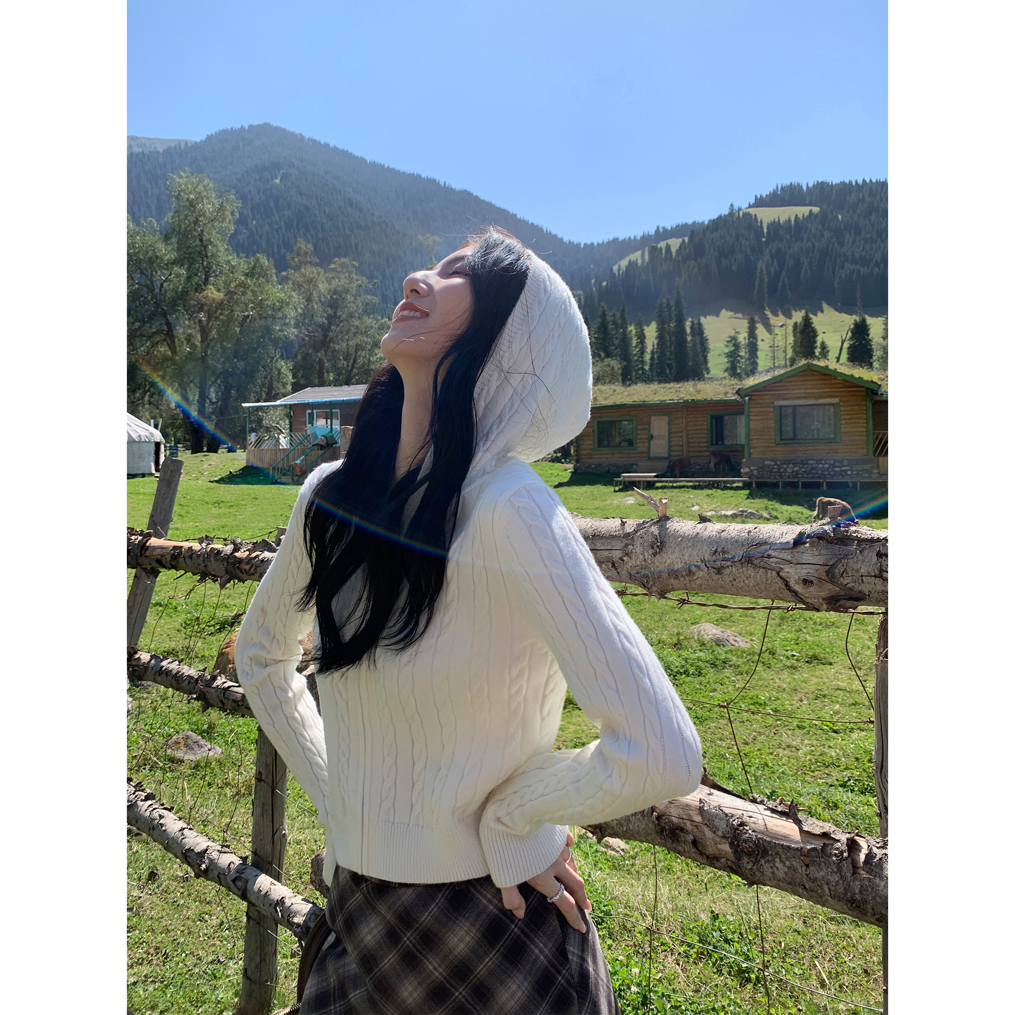 MULVAN 麻花毛衣开衫外套女秋显瘦百搭短款连帽拉链长袖针织上衣