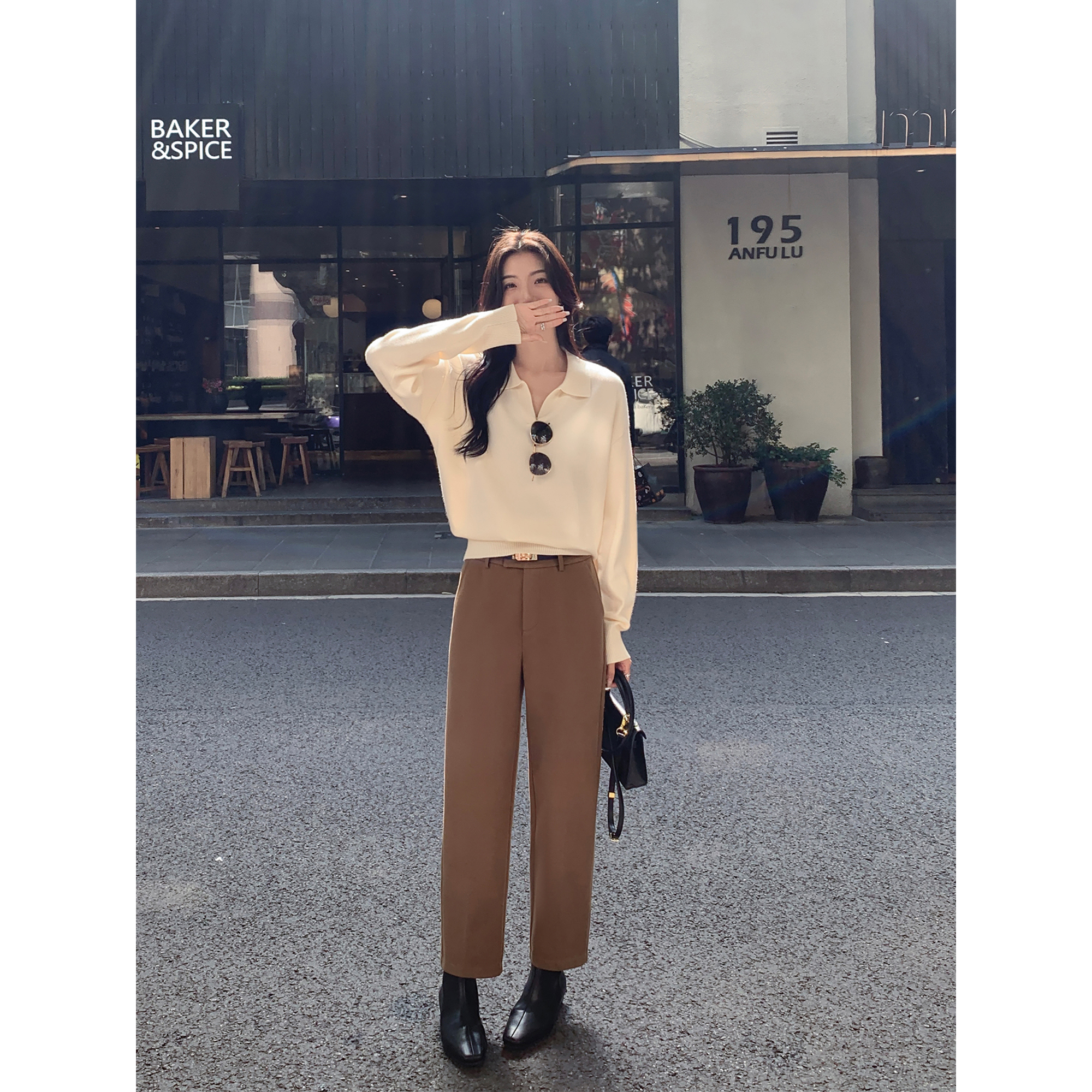 MULVAN 【现货6.5折】白色毛呢休闲裤女高腰宽松阔腿九分直筒裤