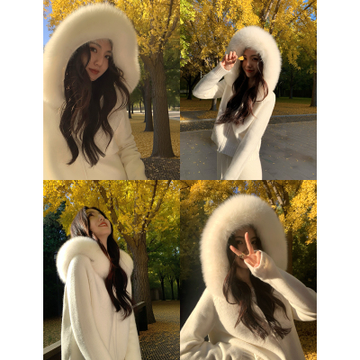 MULVAN 暮霭云团 可拆大毛领连帽毛衣外套女休闲短款拉链针织开衫