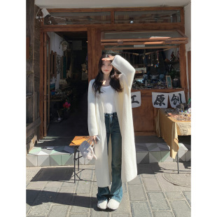 MULVAN白色长款 开衫 毛衣外套女秋冬新款 慵懒风宽松气质过膝针织衫