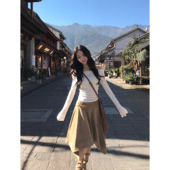 MULVAN 浪漫西部 复古麂皮绒高腰半身裙女设计感不规则褶皱中长裙