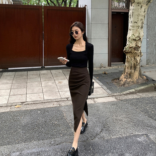 MULVAN 新款 修身 顯瘦設計感不規則包臀裙子 灰色高腰半身裙女秋季