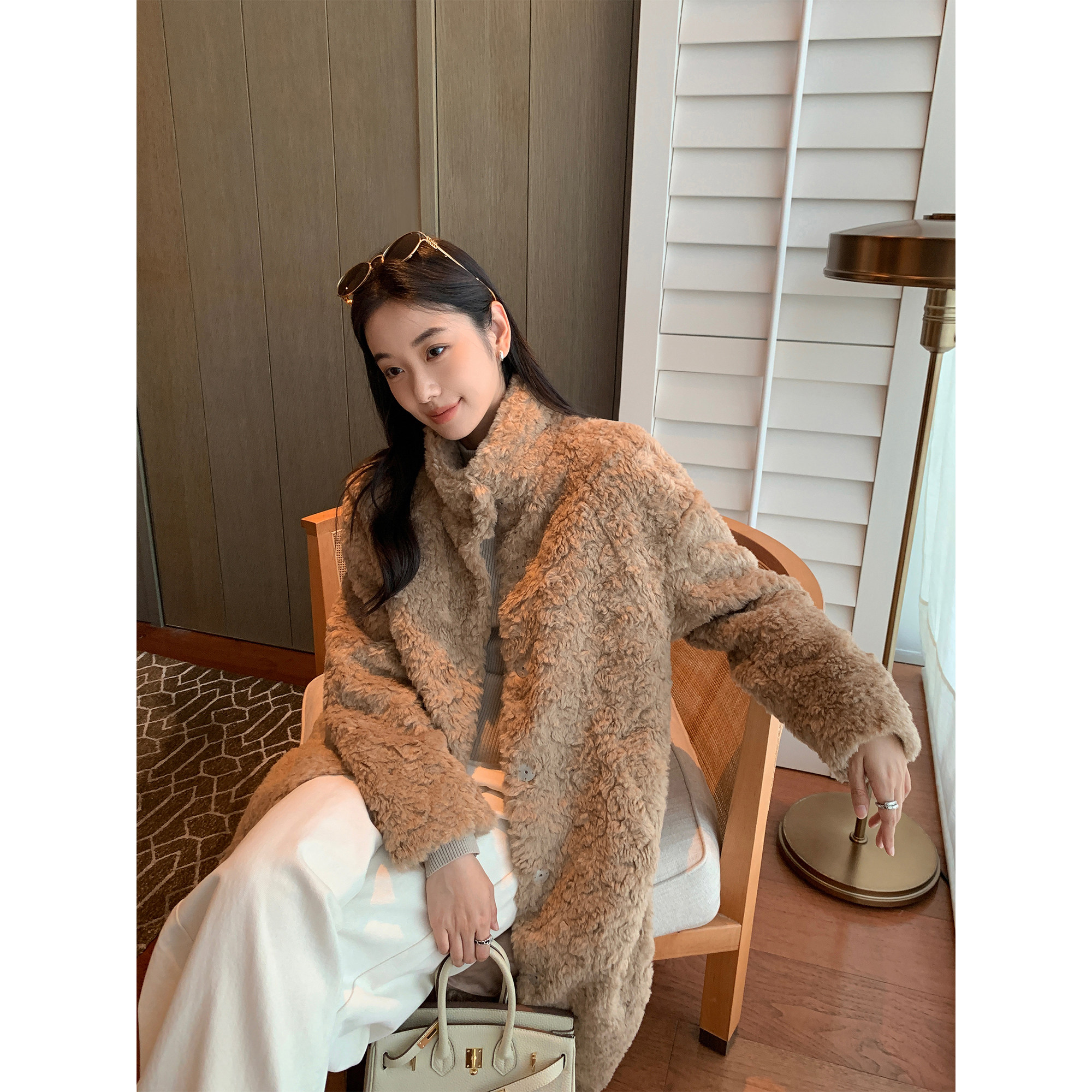 羊羔毛立领中长款毛外套保暖大衣