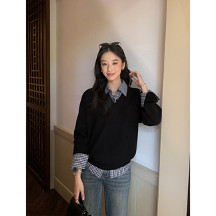 MULVAN【现货7折】利兹周末 套头v领毛衣女秋气质休闲针织衫上衣