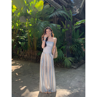 显瘦直筒阔腿裤 MULVAN 女慵懒风薄款 渐变青蓝宽松休闲裤 条纹时刻