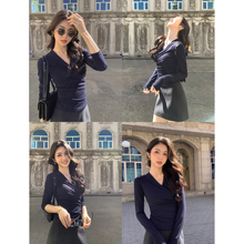 MULVAN 气质拉满 交叉v领长袖t恤女内搭打底衫修身收腰针织上衣