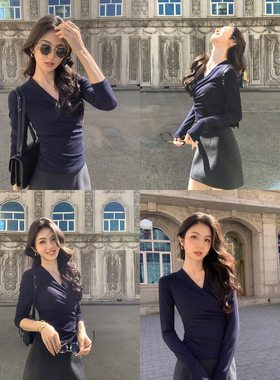 MULVAN 气质拉满 交叉v领长袖t恤女内搭打底衫修身收腰针织上衣