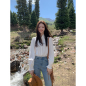 女新款 复古木耳边白色衬衫 花边立领衬衣内搭叠穿上衣 法式 MULVAN