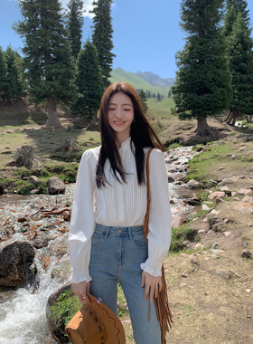 MULVAN 法式复古木耳边白色衬衫女新款花边立领衬衣内搭叠穿上衣