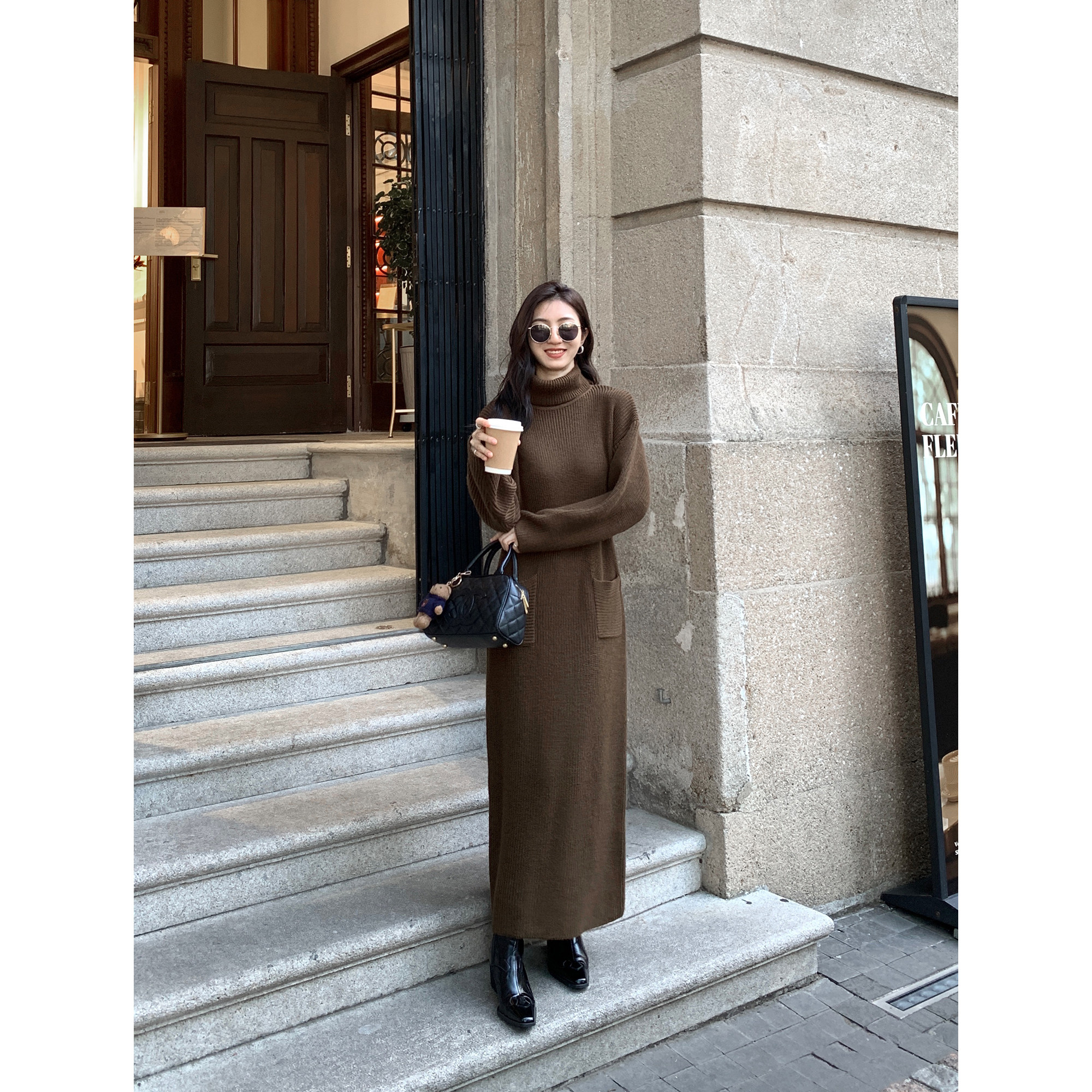 MULVAN【现货6折】 黑色高领羊毛针织连衣裙女冬季宽松毛衣长裙