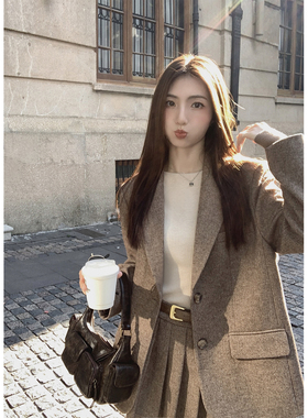 MULVAN【现货7折】咖色壁炉 高级感羊毛呢子西装外套女半身裙套装