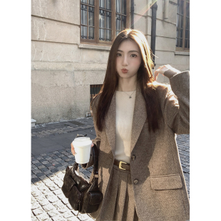 外套女半身裙套装 MULVAN 高级感羊毛呢子西装 咖色壁炉 现货7折