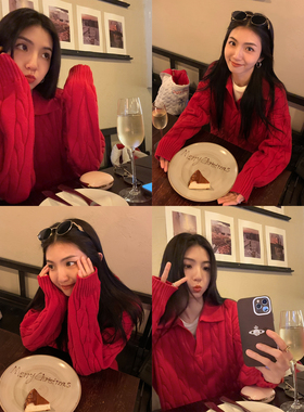 MULVAN 麻花肌理翻领毛衣女秋冬宽松v领慵懒风polo套头针织上衣