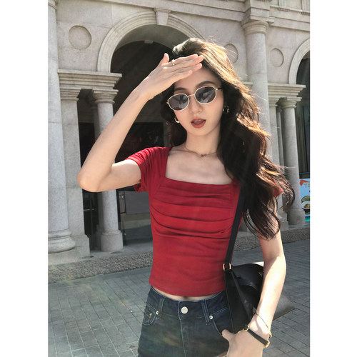 MULVAN 心机修身T 方领自带胸垫短袖T恤女褶皱设计感辣妹短款上衣