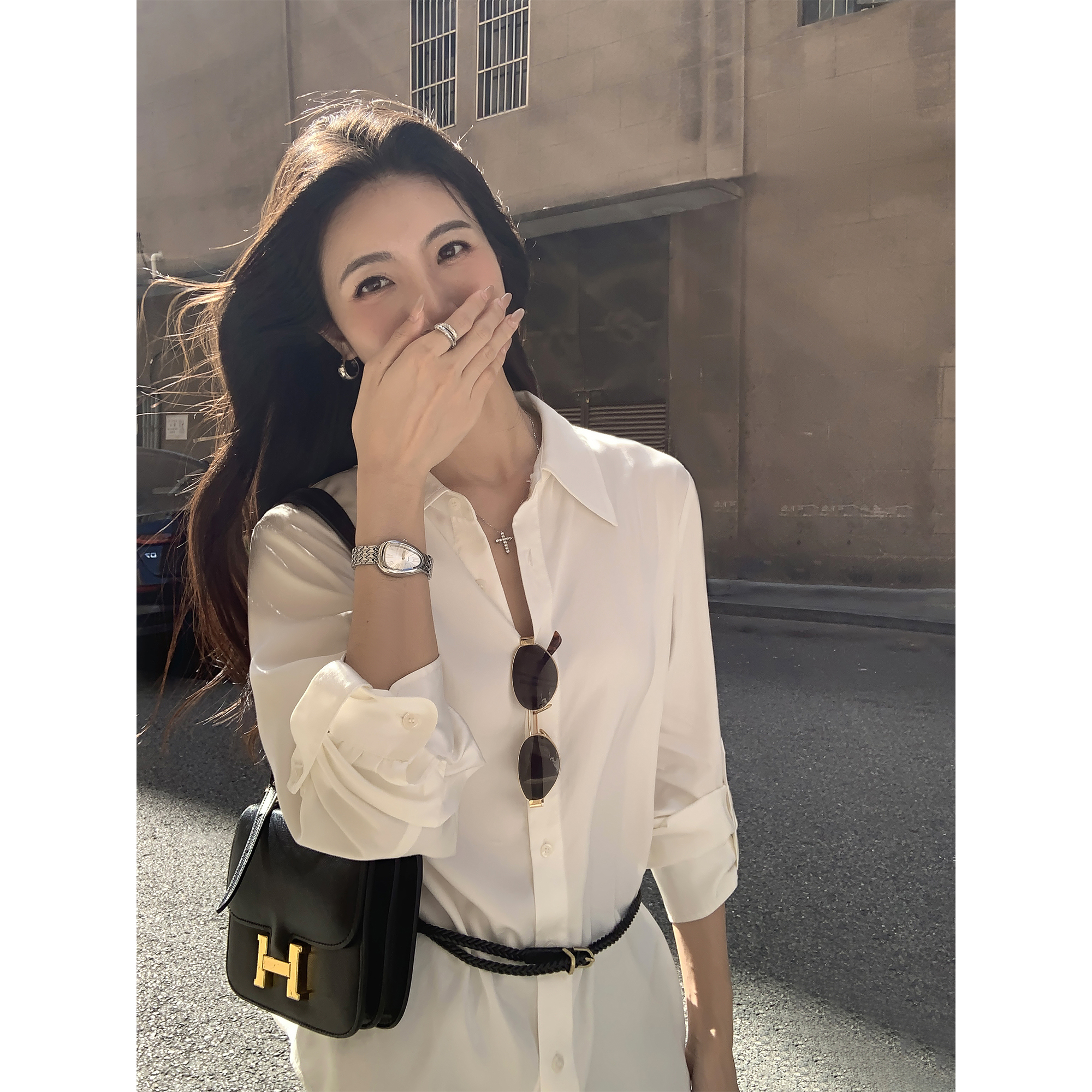 MULVAN  高智极简 天丝垂感翻领衬衫女极简气质通勤直筒长袖上衣