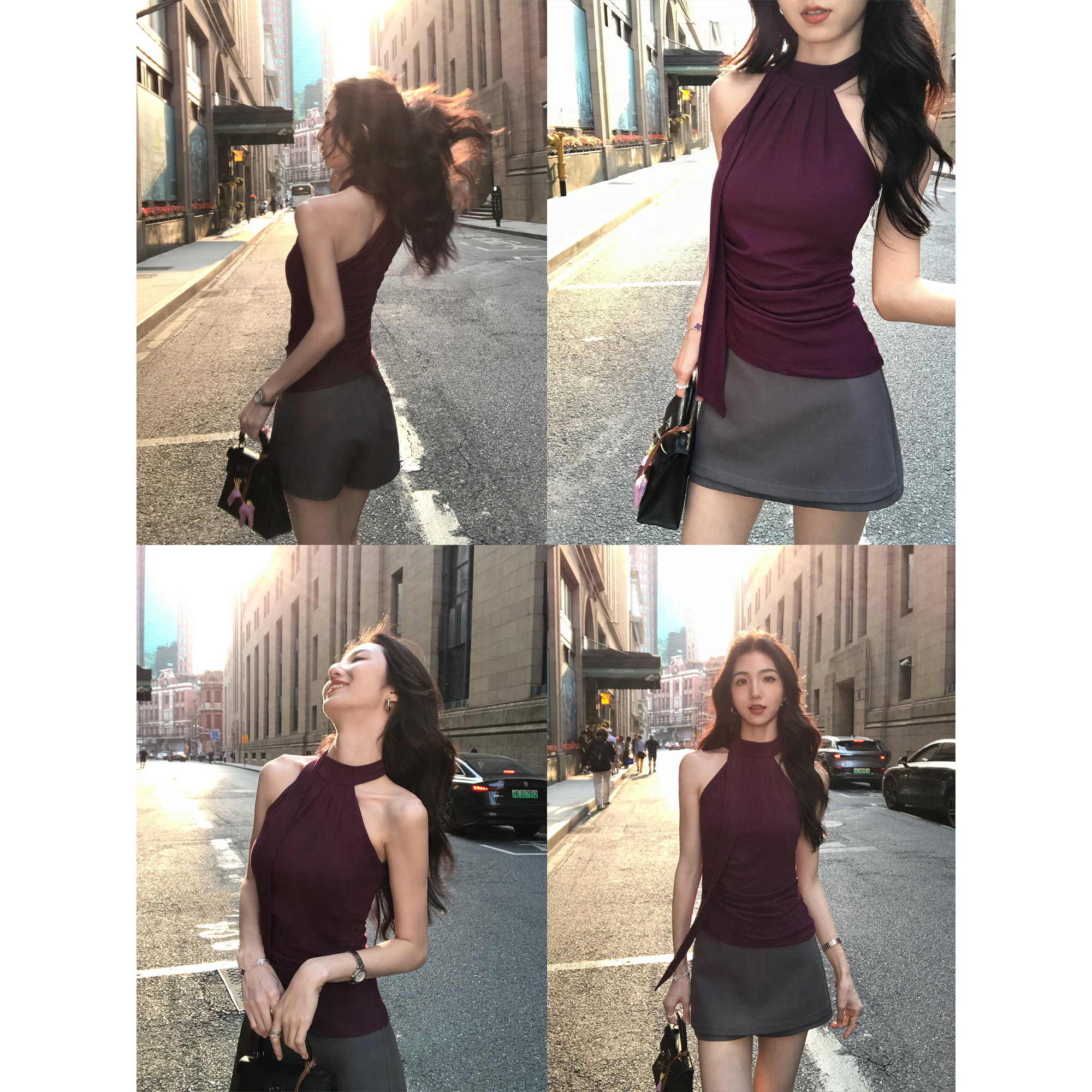 MULVAN 浮世绘 飘带挂脖背心上衣女夏辣妹修身设计感外穿无袖T恤
