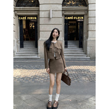 MULVAN棕色复古短款小香风毛呢外套女秋冬羊毛人字纹休闲呢子西装