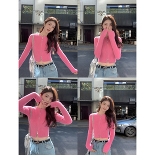 女冬季 针织衫 新款 短款 上衣 仿貂毛毛衣修身 MULVAN拉链毛衣开衫