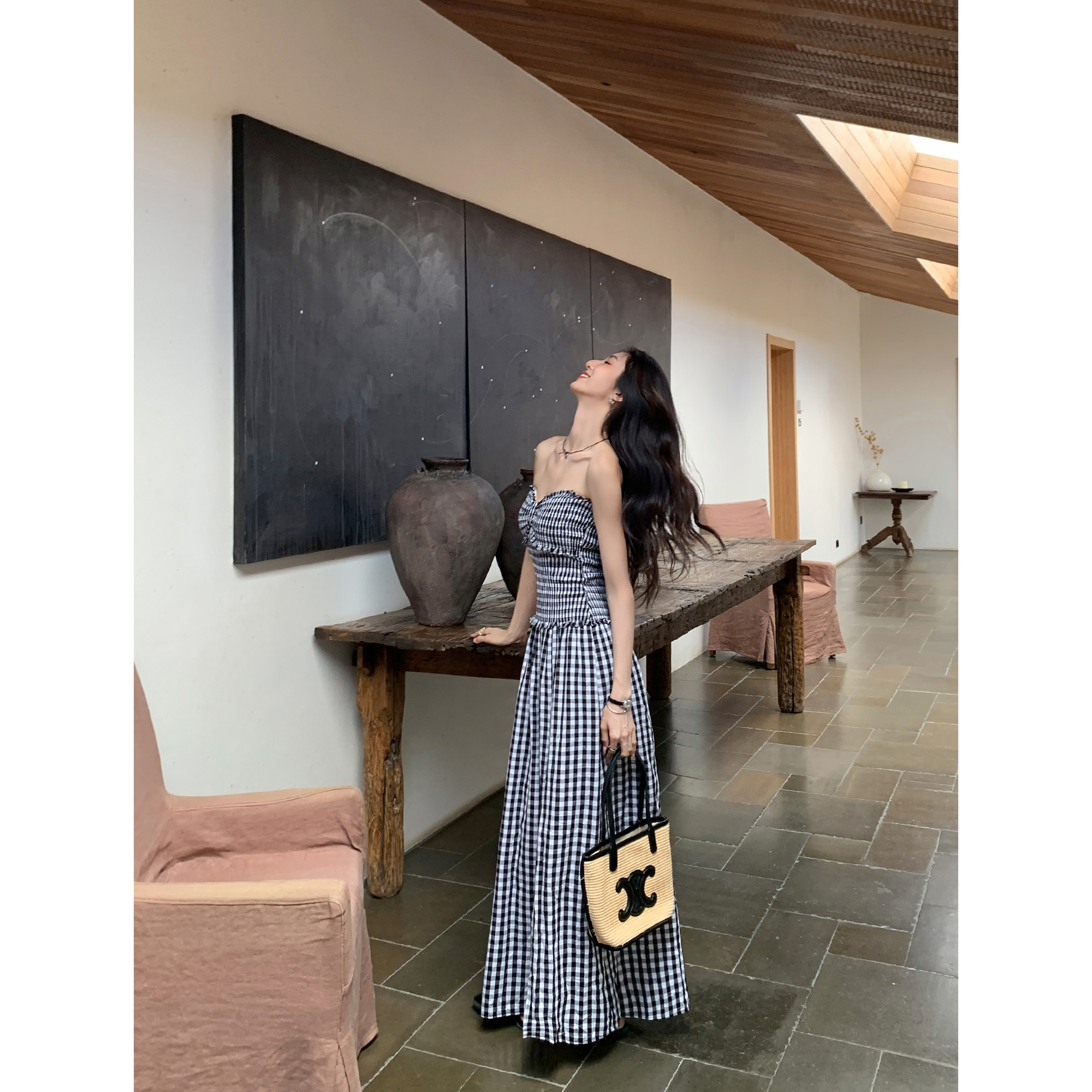 格子抹胸开叉长裙连衣裙