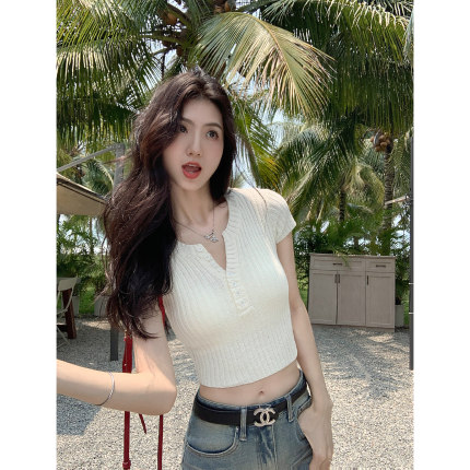 MULVAN 半开领短袖针织衫女夏新款高腰短款修身显瘦露脐上衣