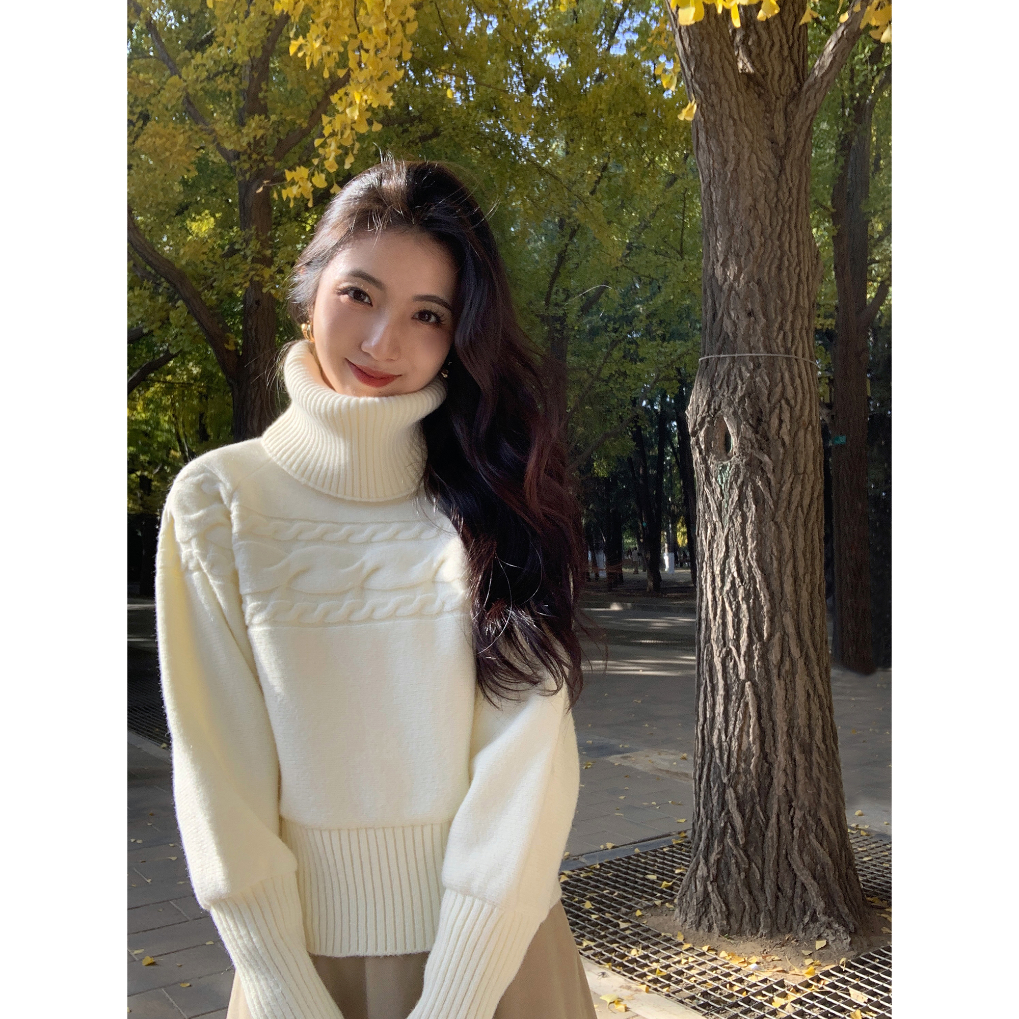 MULVAN 半熟冬日 麻花可拆高领套头毛衣女松弛感气质针织衫上衣