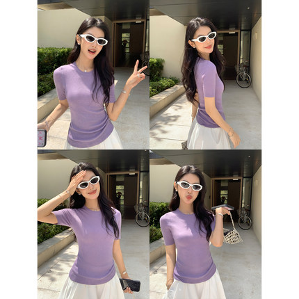 MULVAN 基础百搭 薄款针织中袖上衣修身短款女韩系圆领t恤打底衫