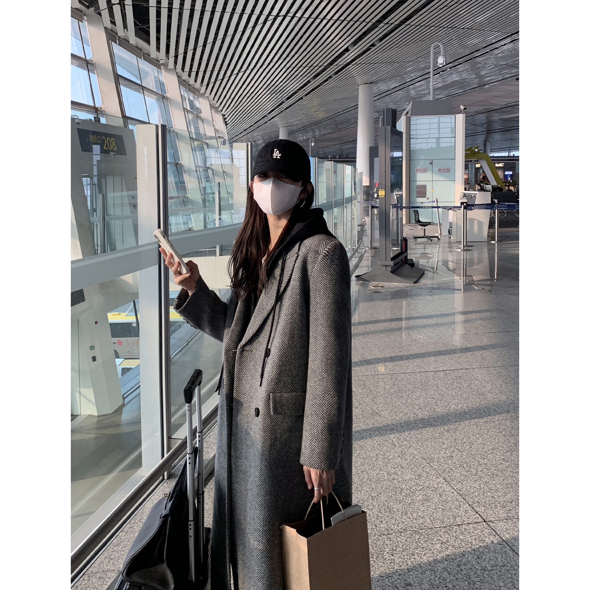 MULVAN灰色人字纹毛呢外套女秋冬新款宽松气质中长款羊毛呢子大衣