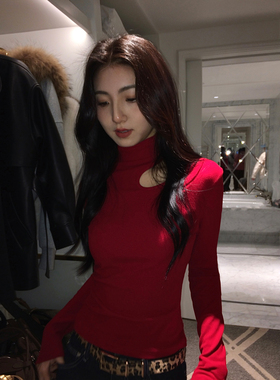 MULVAN 红色设计感高领镂空打底上衣女修身双面磨毛内搭针织衫
