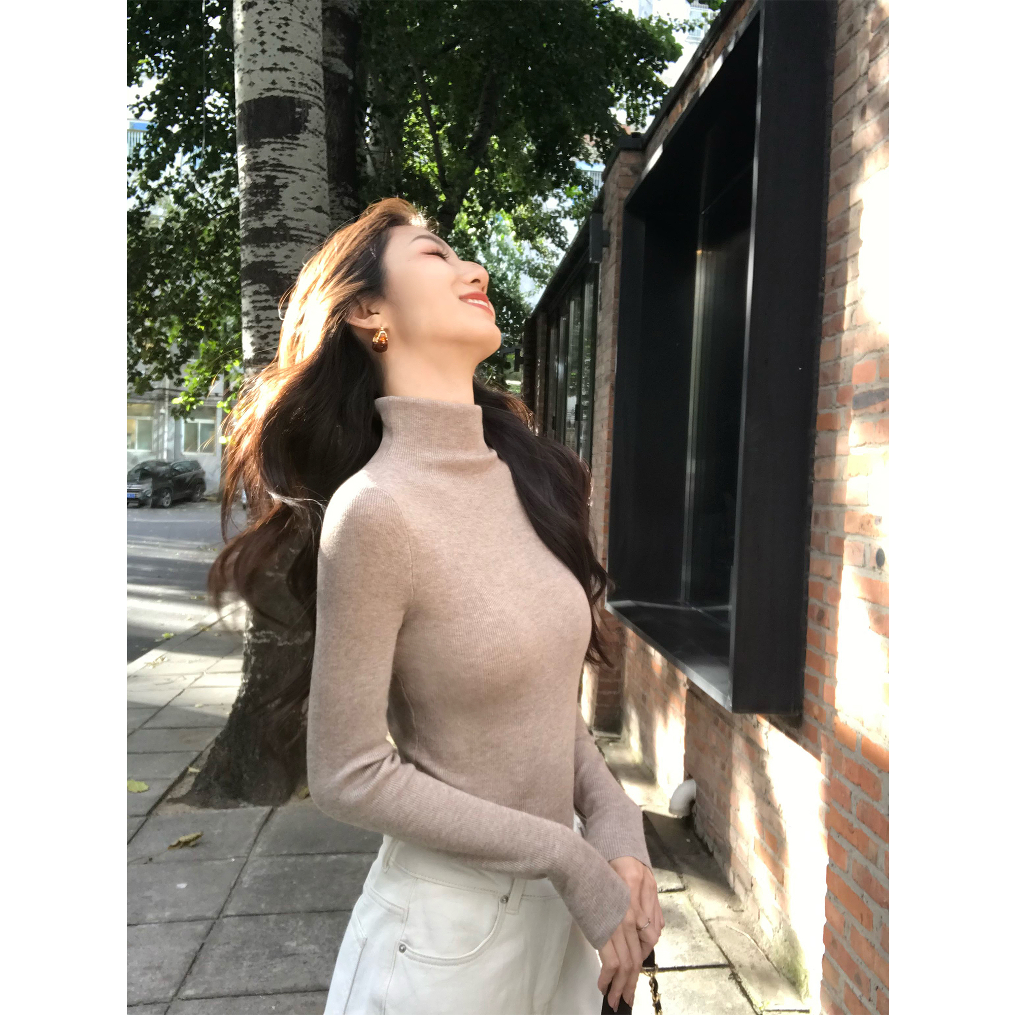 MULVAN 远山迷雾 气质高领长袖针织衫女修身柔软内搭打底衫上衣