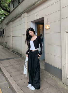 MULVAN 黑色长袖针织开衫女薄款秋季新款防晒衫高腰短款外搭上衣