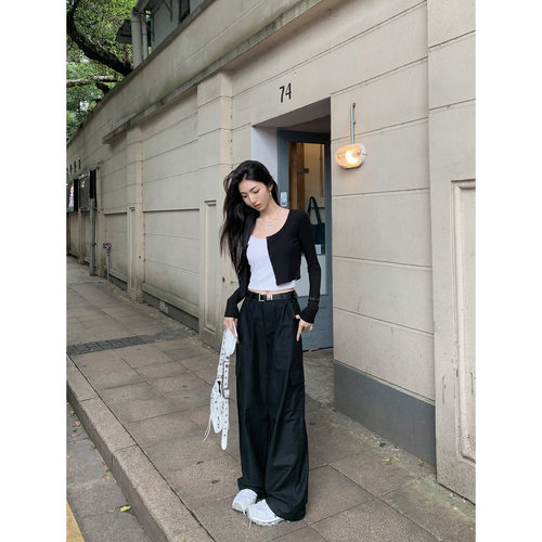 MULVAN 黑色长袖针织开衫女薄款秋季新款防晒衫高腰短款外搭上衣