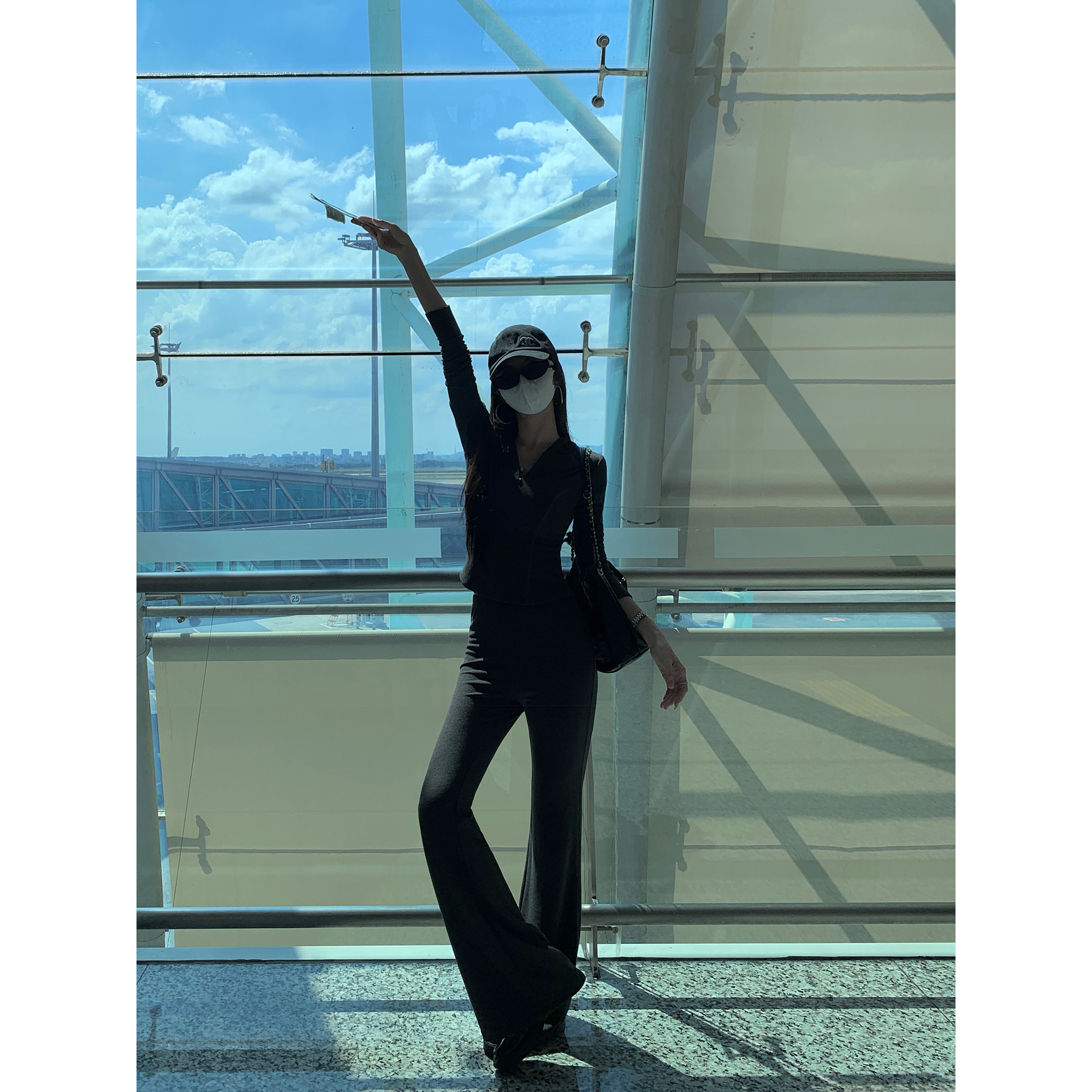 MULVAN 舒适日常派 气质修身连帽针织开衫女直筒休闲裤两件套装