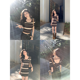 MULVAN 榛果夹心 复古条纹U领短袖连衣裙女露背修身气质包臀短裙