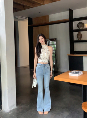 MULVAN 复古破洞蓝色牛仔裤女高腰弹力修身微喇裤拖地长裤马蹄裤