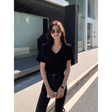 MULVAN 白色v领短袖t恤女韩版宽松百搭休闲显瘦纯色内搭上衣