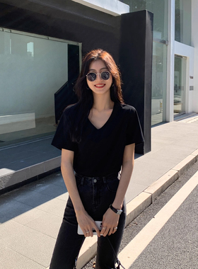 MULVAN 黑色v领短袖t恤女韩版宽松百搭休闲显瘦松弛感正肩上衣
