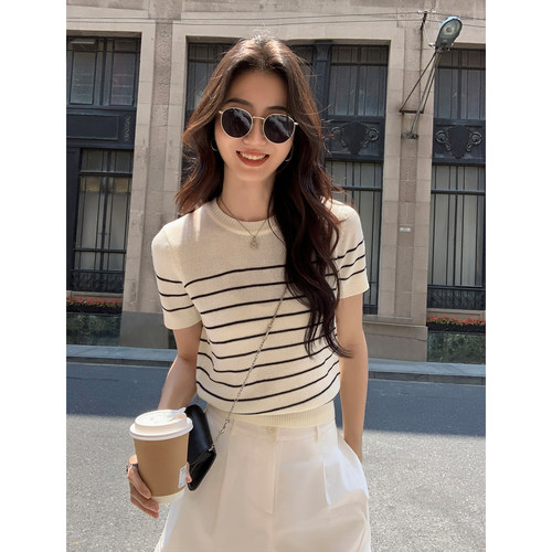 MULVAN 尼斯周末 基础黑白条纹短袖T恤女夏宽松休闲显瘦针织上衣