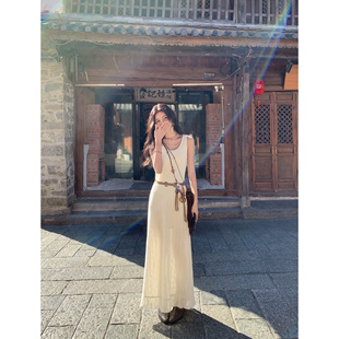 MULVAN度假风镂空针织背心裙女两件套叠穿无袖吊带连衣裙流苏长裙