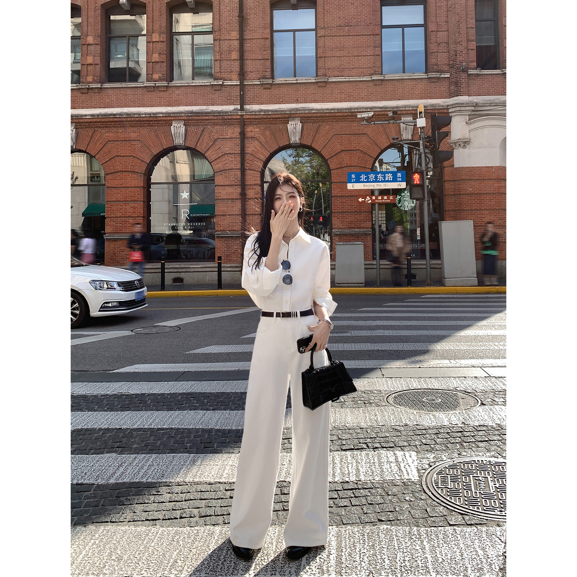 MULVAN 白色宽松阔腿牛仔裤女新款高腰直筒裤百搭拖地长裤