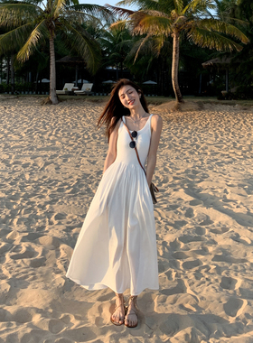 MULVAN白色针织吊带连衣裙女高级感气质长裙收腰无袖背心裙子