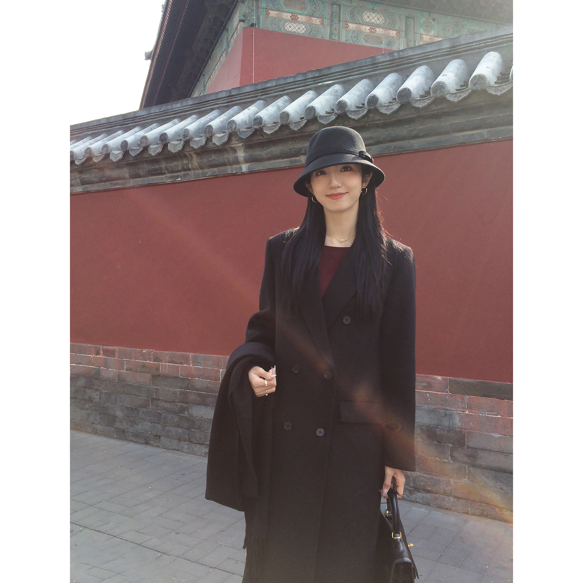 MULVAN黑色毛呢外套女秋冬中长款高级感气质宽松羊毛大衣