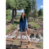 女高级感叠穿上衣韩版 MULVAN 蓝色复古牛仔衬衫 宽松显瘦衬衣外套