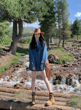 MULVAN 蓝色复古牛仔衬衫女高级感叠穿上衣韩版宽松显瘦衬衣外套