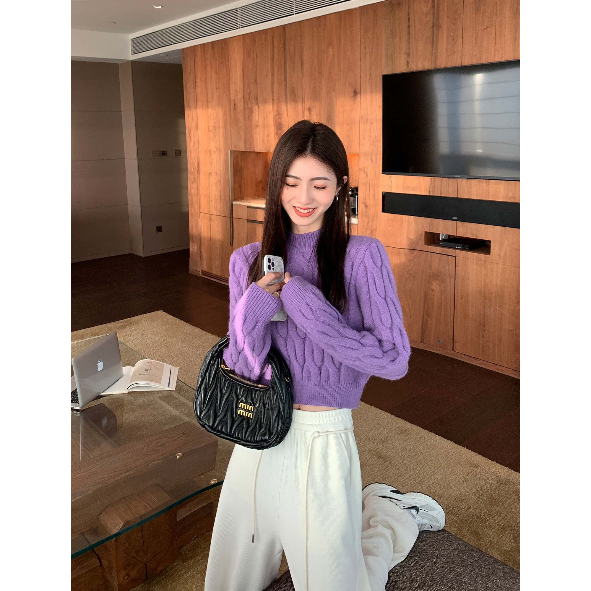 MULVAN【现货7折】短款麻花毛衣女高级感休闲宽松复古套头上衣